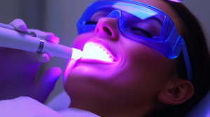 Eine Patientin erhält eine In-Office-Bleaching-Behandlung in einer Zahnarztpraxis. Das Bleichgel wird mit einer speziellen Lampe aktiviert, um eine effektive Zahnaufhellung zu erzielen.