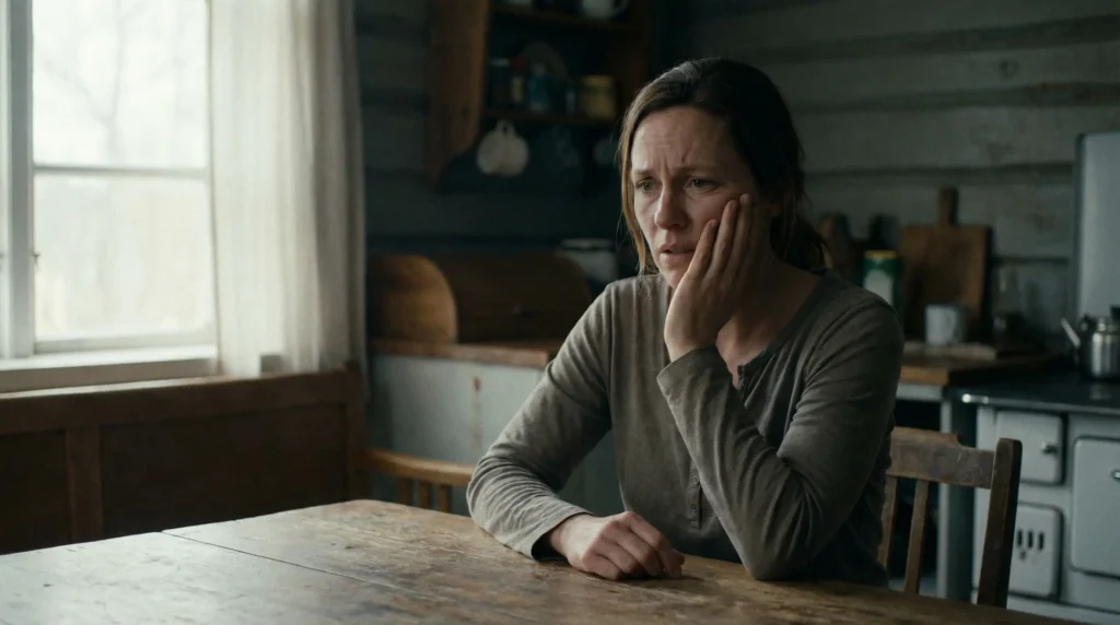 Nachdenkliche Frau sitzt am Holztisch in Küche.