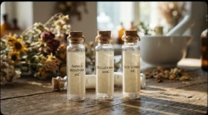 Homöopathische Fläschchen auf Holztisch mit Kräutern