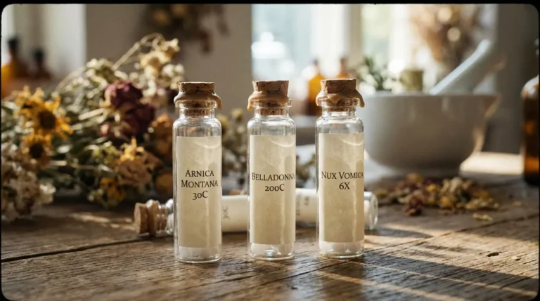 Homöopathische Fläschchen auf Holztisch mit Kräutern