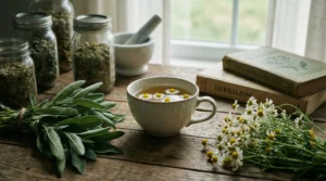 Kräutertee mit Kamillenblüten auf Holztisch