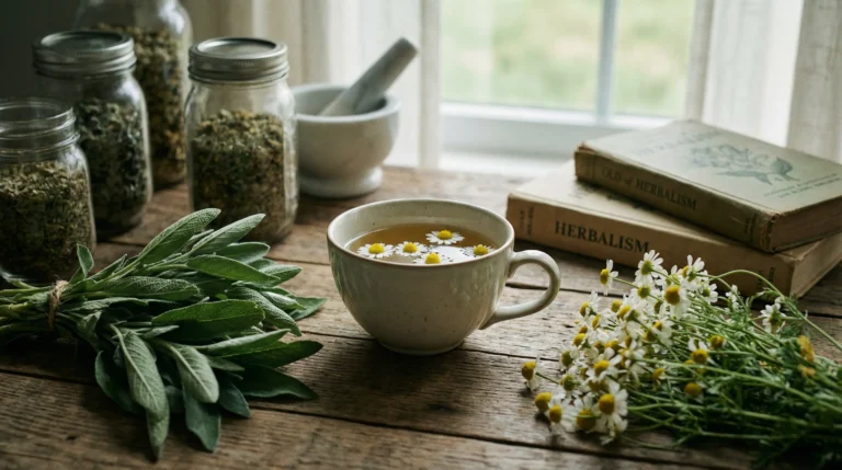 Kräutertee mit Kamillenblüten auf Holztisch