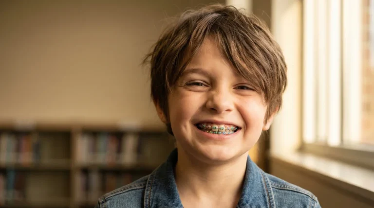 Lächelndes Kind mit Zahnspange im Klassenzimmer
