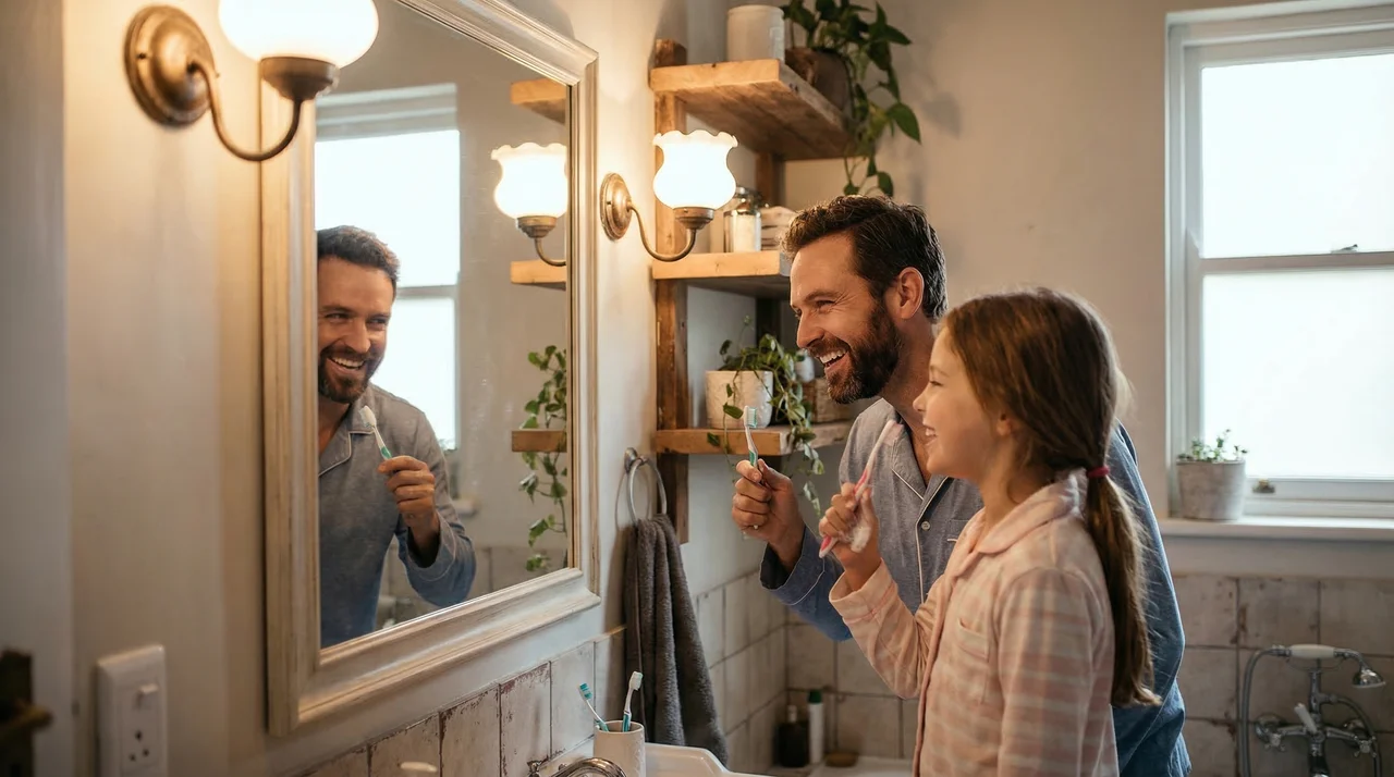 Vater und Tochter putzen gemeinsam Zähne