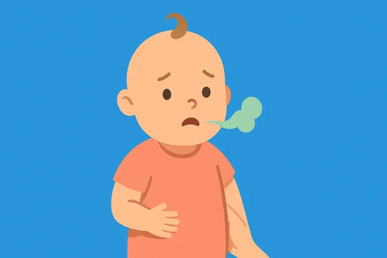 Illustration Baby mit Mundgeruch und Bauchschmerzen