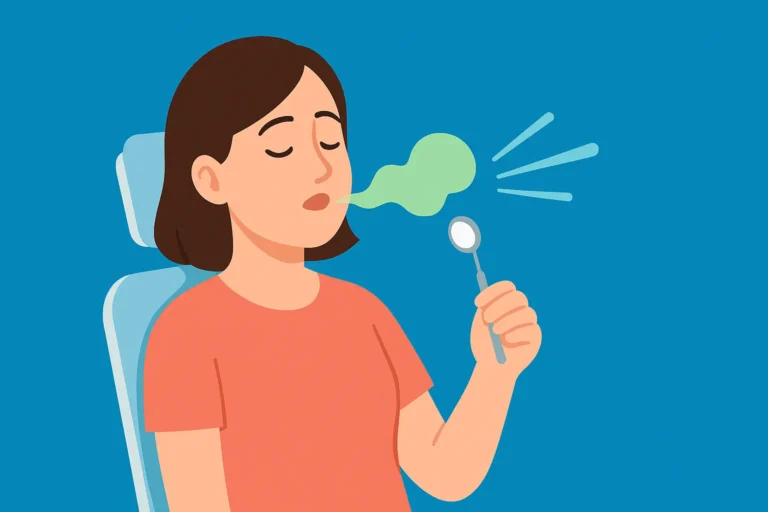 Frau mit Mundgeruch beim Zahnarzt