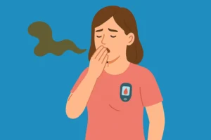 Frau mit Mundgeruch und Diabetes-Symbol auf T-Shirt