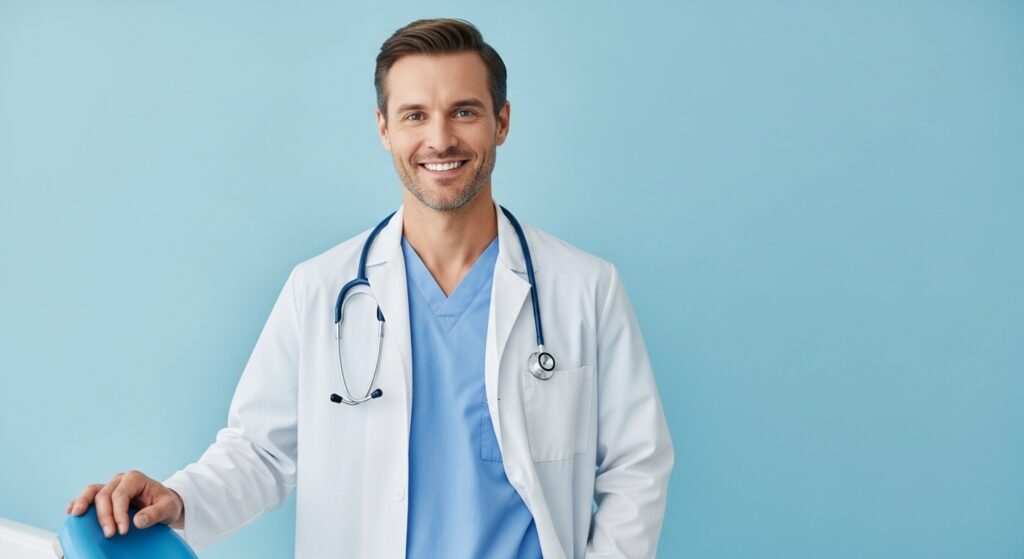 Lächelnder Arzt mit Stethoskop vor blauem Hintergrund