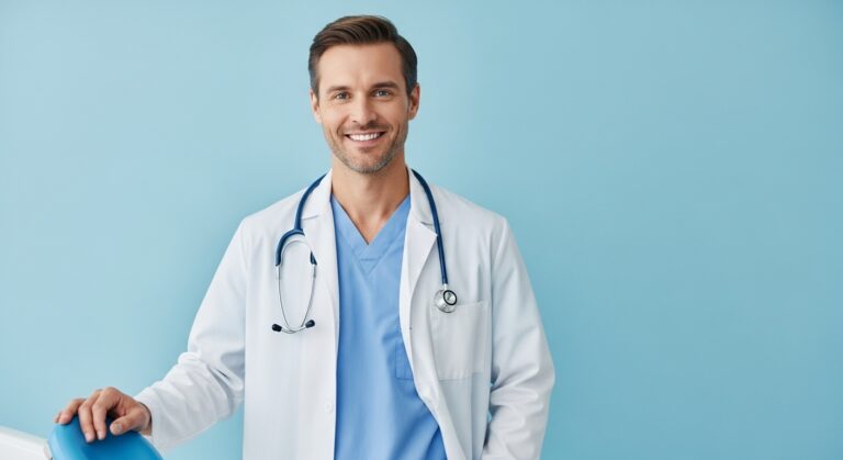 Lächelnder Arzt mit Stethoskop vor blauem Hintergrund