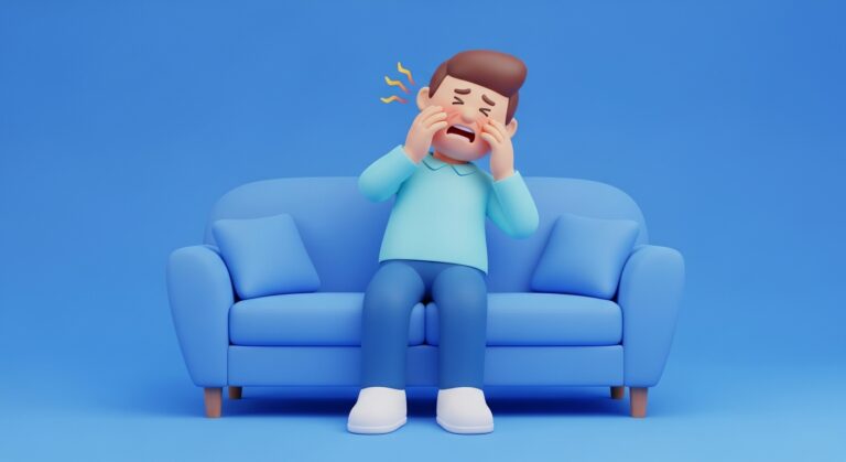 3D-Mann mit Zahnschmerzen auf blauem Sofa