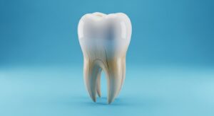 3D-Darstellung eines menschlichen Zahns auf blauem Hintergrund