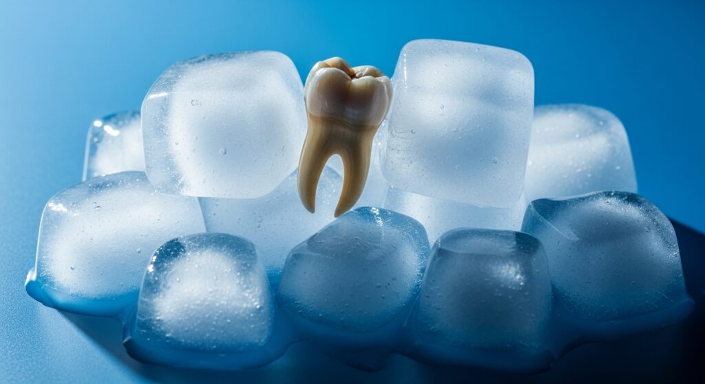 Zahn liegt auf mehreren Eisklötzen