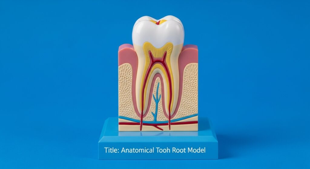 Anatomisches Zahnwurzelmodell auf blauem Hintergrund