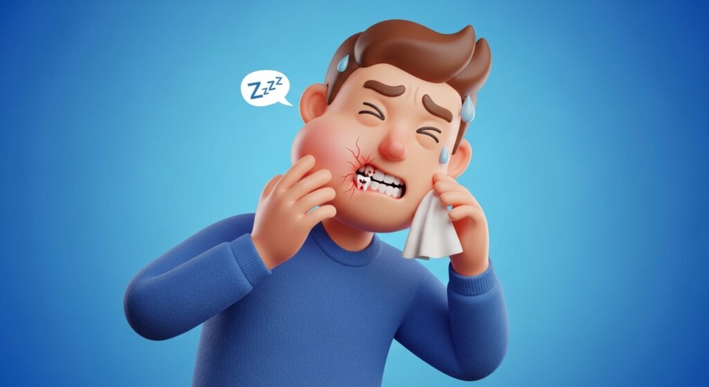 3D-Mann mit Zahnschmerzen hält Taschentuch