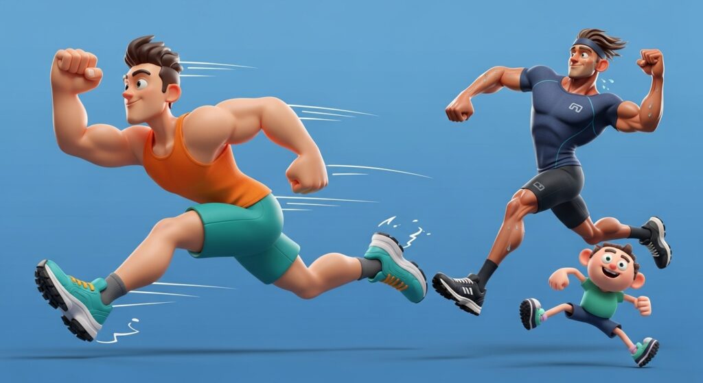 Drei Cartoonfiguren joggen fröhlich zusammen.