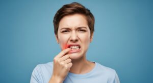 Frau mit Zahnschmerzen berührt schmerzende Wange