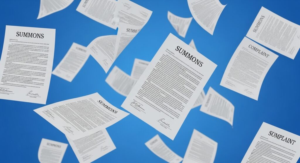 Fliegende rechtliche Dokumente vor blauem Hintergrund