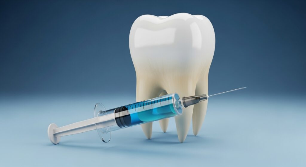 Zahn mit Spritze für Zahnarztbetäubung