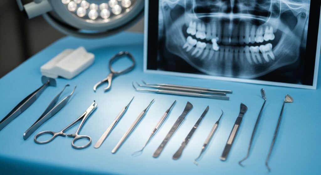 Zahnärztliche Werkzeuge und Röntgenbild auf blauem Tisch