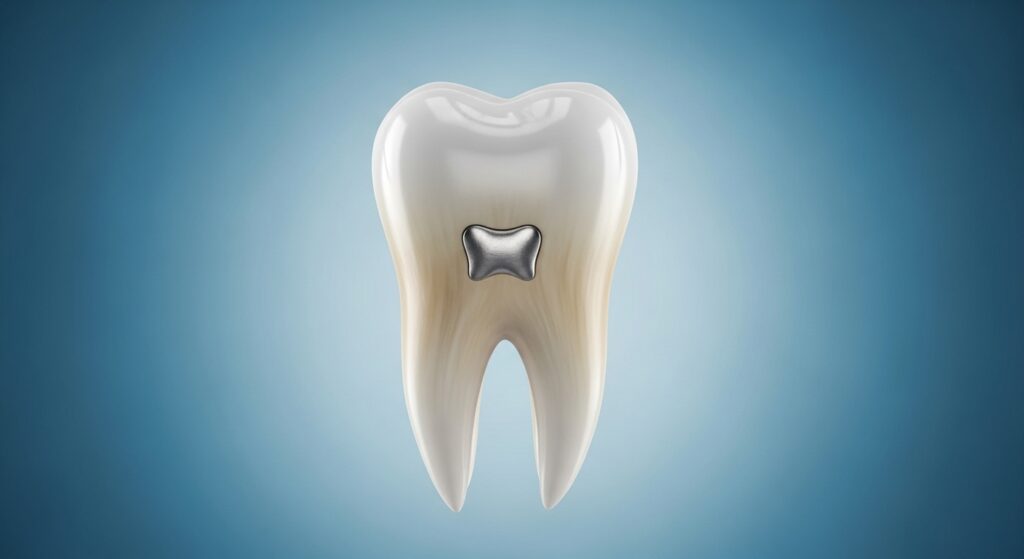 Zahn mit silberner Zahnfüllung auf blauem Hintergrund