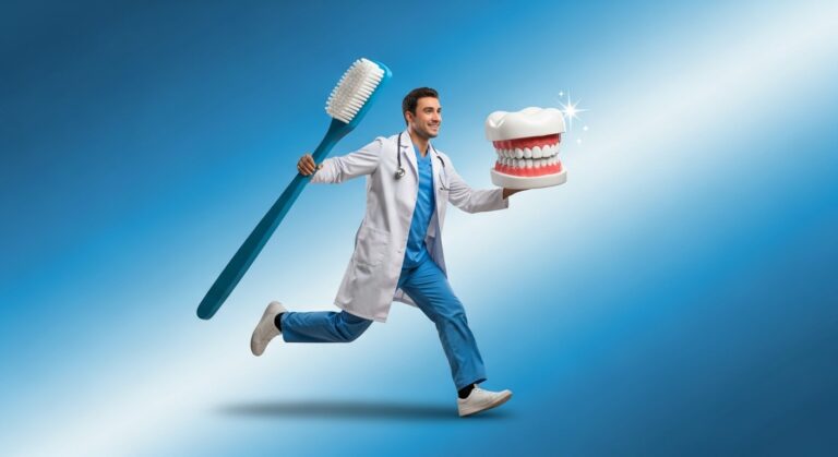 Zahnarzt rennt mit riesiger Zahnbürste und Gebissmodell