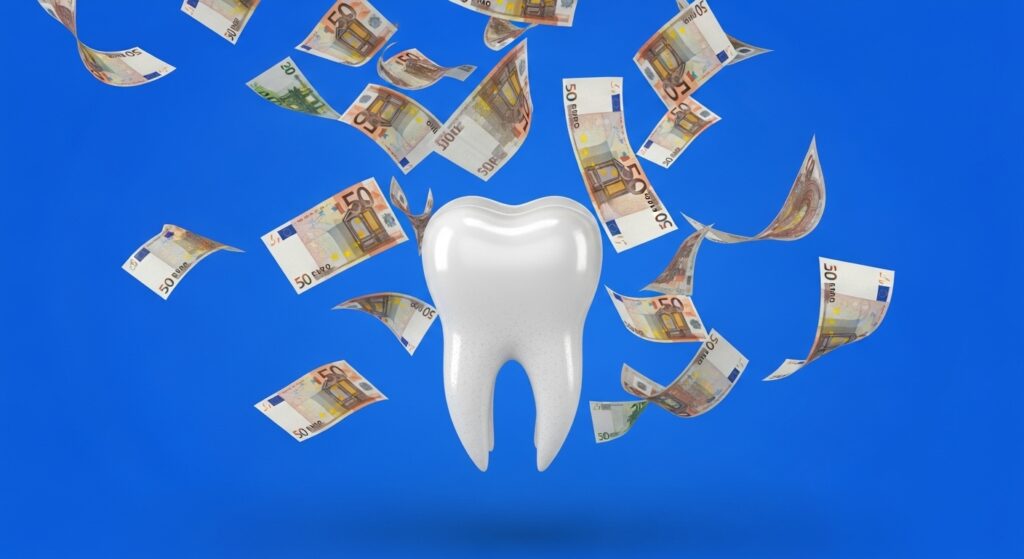 Zahn umgeben von fliegenden Euro-Geldscheinen