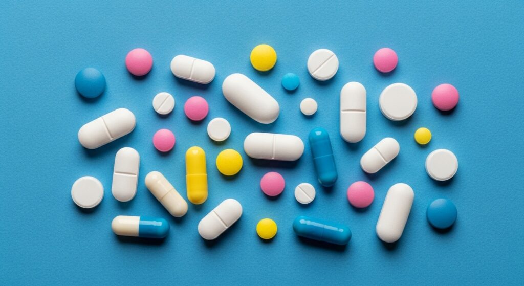 Bunte Tabletten und Kapseln auf blauem Hintergrund