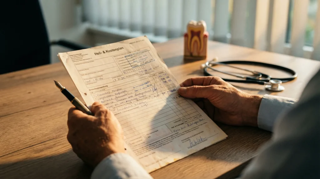 Zahnarzt betrachtet Heil- & Kostenplan für für herausgefallene Zahnfüllung, Krone und Wurzelbehandlung 