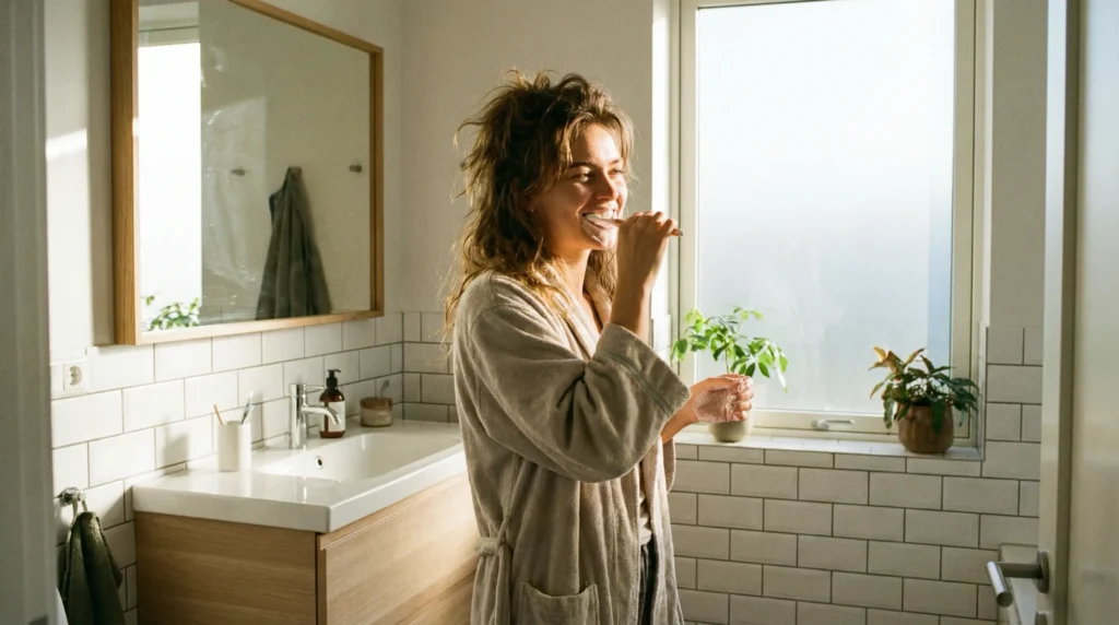 Frau putzt Zähne vor dem Spiegel zur richtigen Mundhygiene zur Vorbeugung herausgefallener Zahnfüllungen – zweimal täglich Zähneputzen mit Fluoridzahnpasta