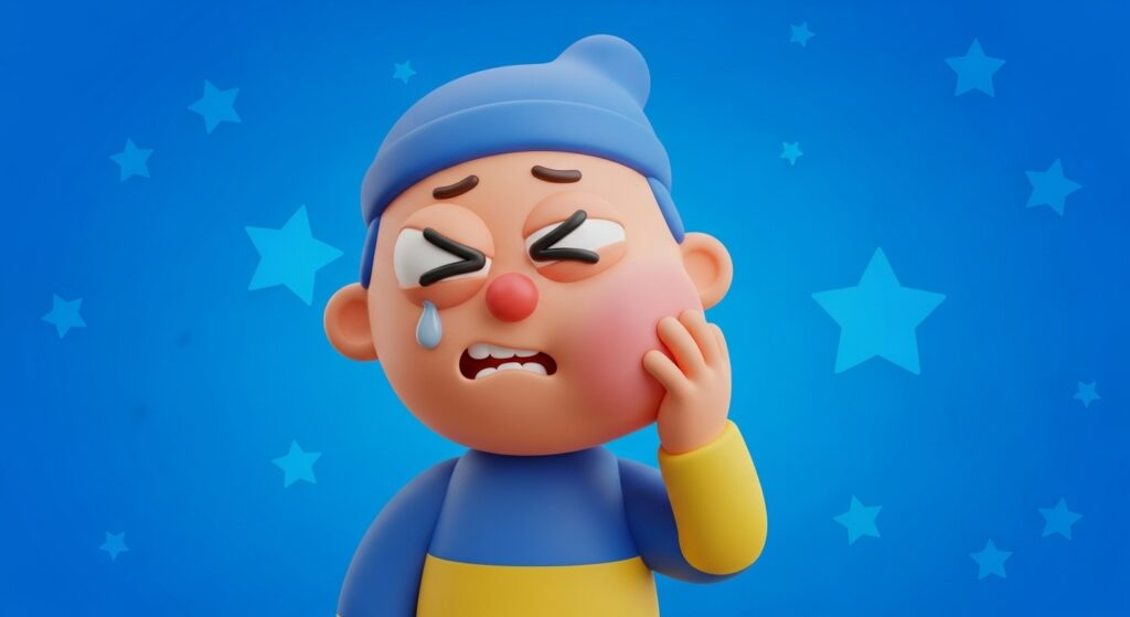 Weinende 3D-Figur mit Zahnschmerzen und blauer Mütze