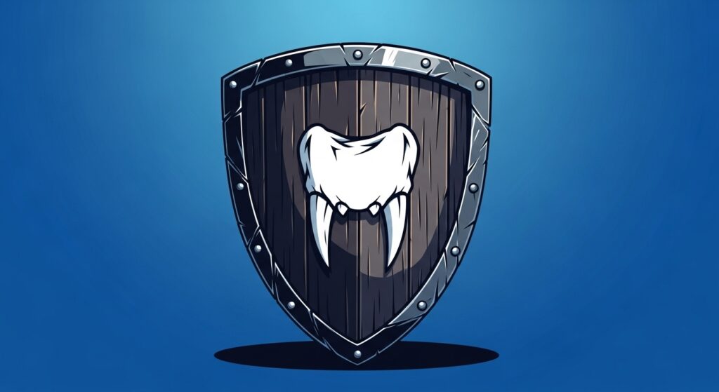 Holzschild mit weißen Reißzähnen auf blauem Hintergrund