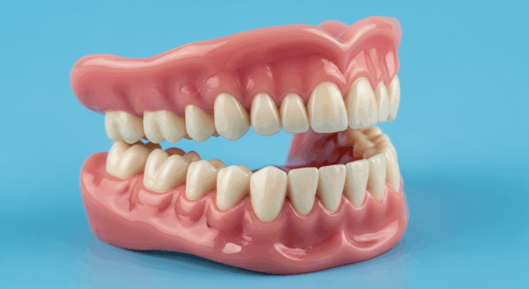 Künstliches Gebiss auf blauem Hintergrund