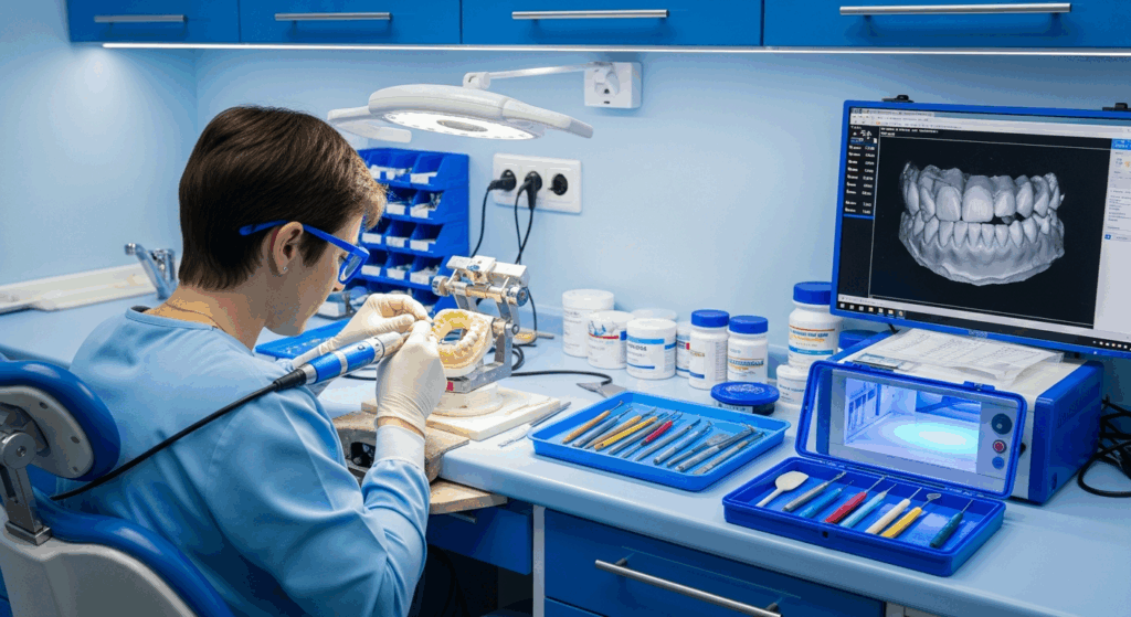 Zahntechniker arbeitet an Zahnmodell im Labor