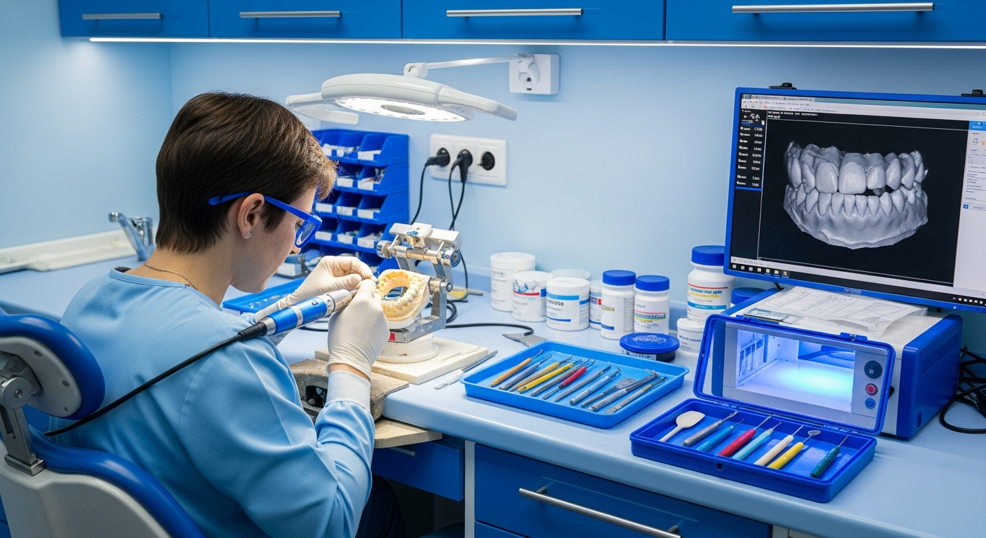 Zahntechniker arbeitet an Zahnmodell im Labor