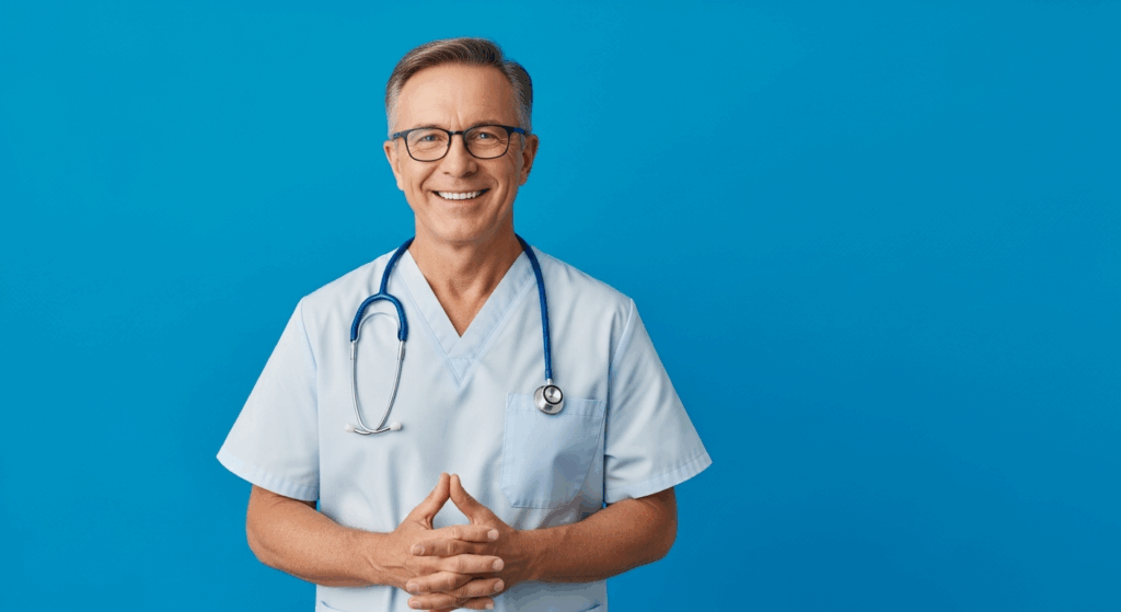 Lächelnder Arzt mit Stethoskop vor blauem Hintergrund
