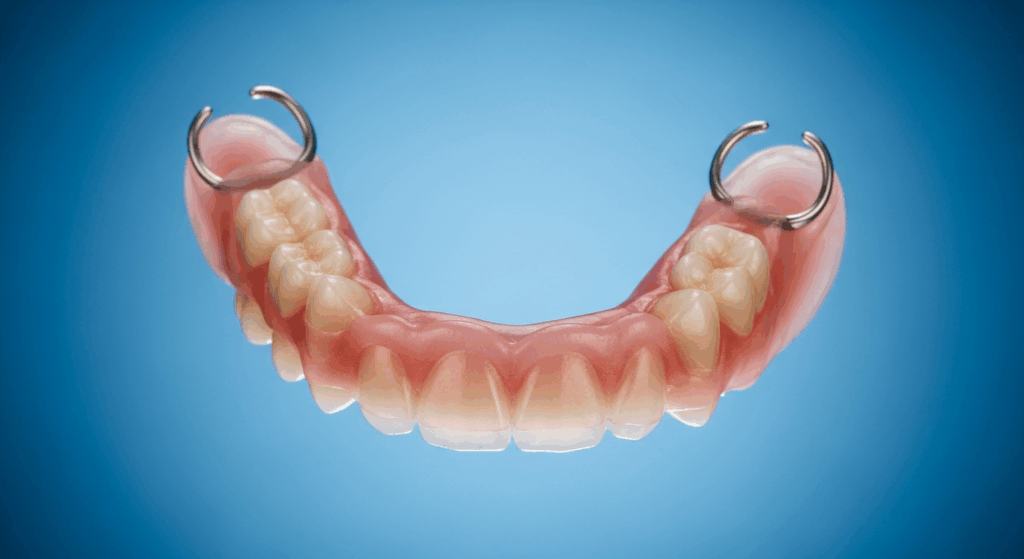 Teilprothese für Unterkiefer auf blauem Hintergrund