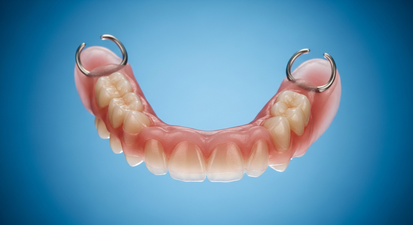 Teilprothese für Unterkiefer auf blauem Hintergrund