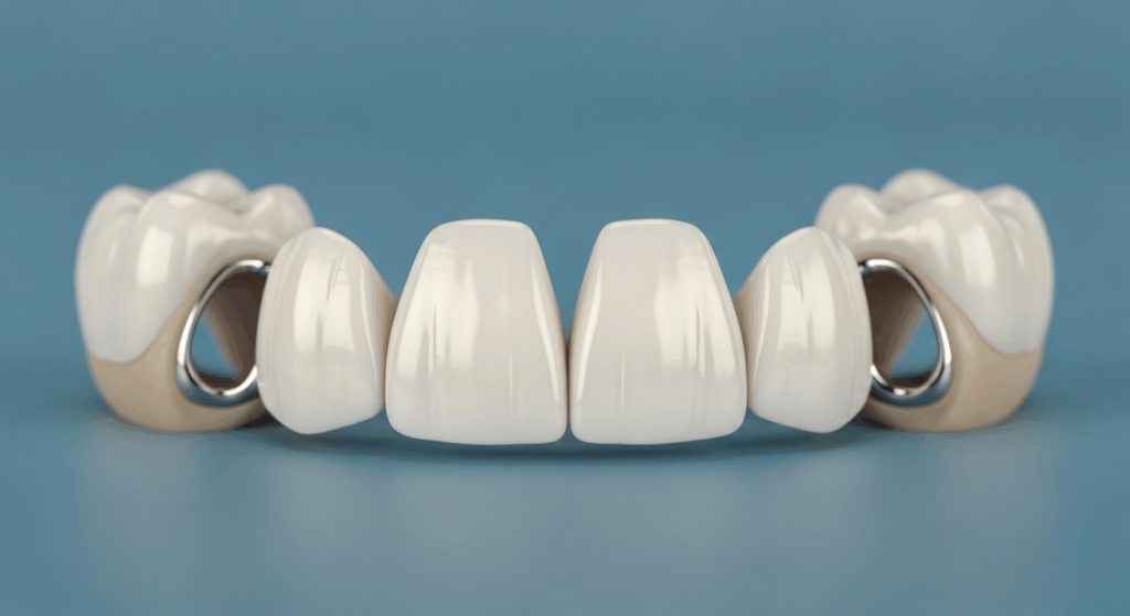 Zahnbrücke aus Keramik und Metall auf blauem Hintergrund