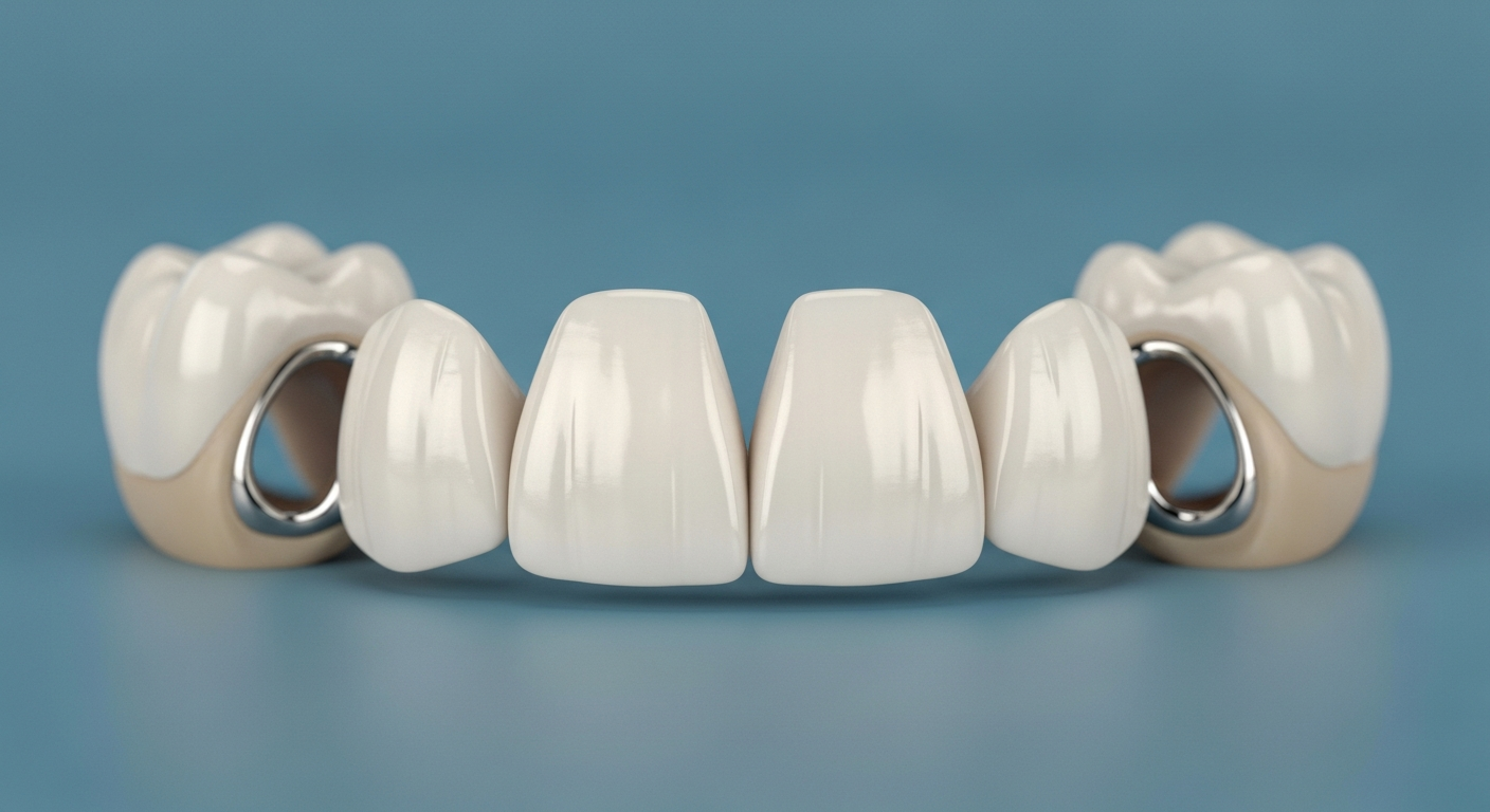 Zahnbrücke aus Keramik und Metall auf blauem Hintergrund