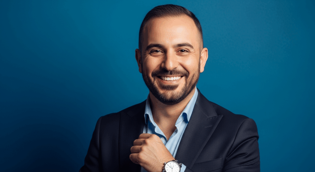 Lächelnder Mann im Anzug vor blauem Hintergrund