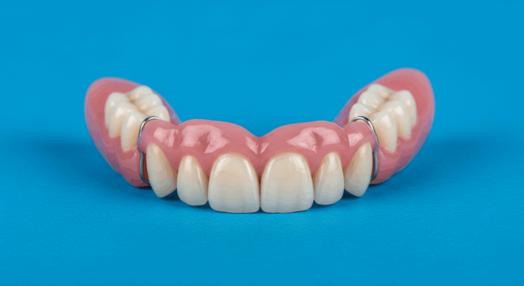 Zahnprothese auf blauem Hintergrund