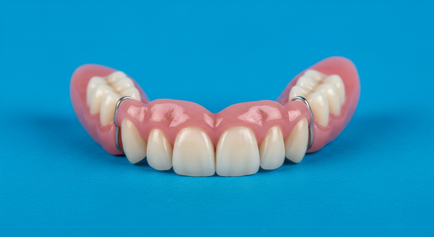 Zahnprothese auf blauem Hintergrund