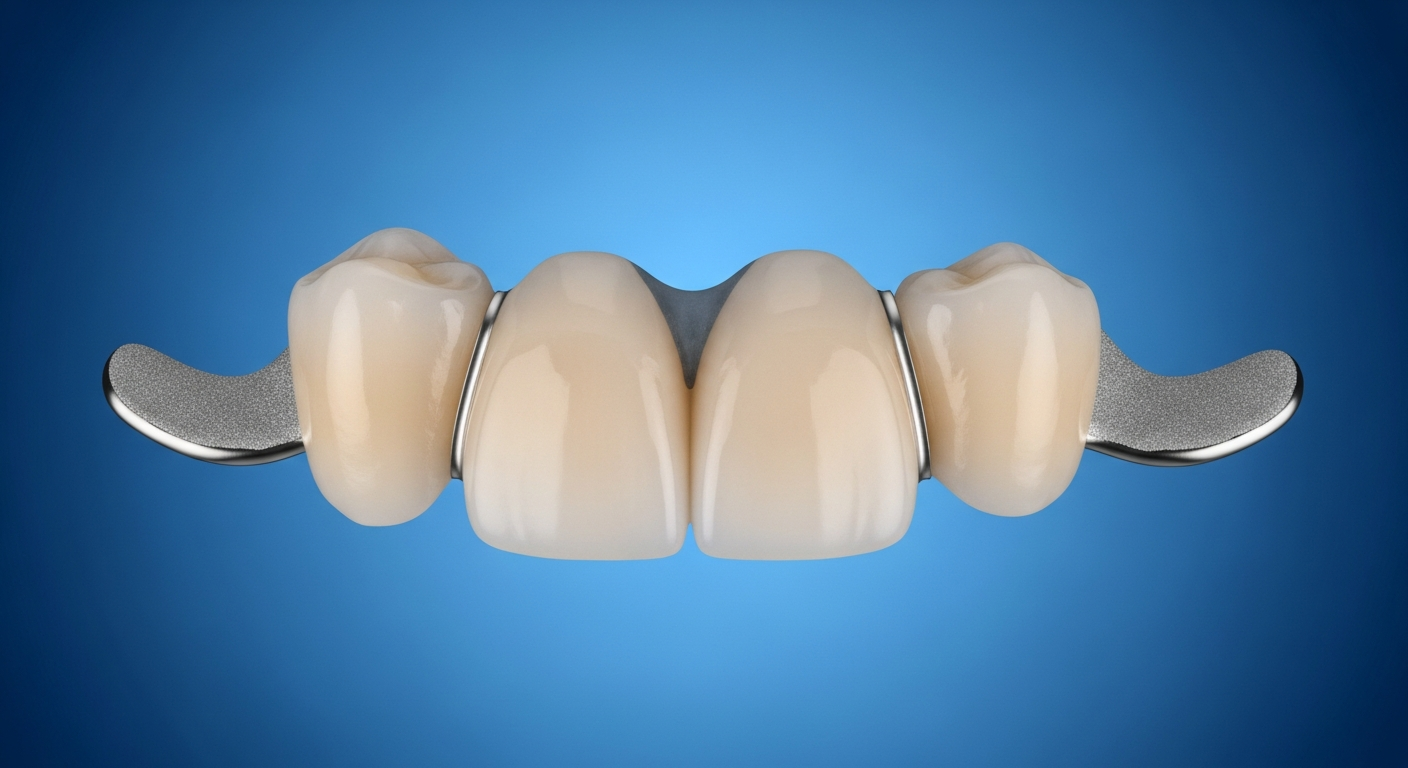 Zahnbrücke mit Metallflügeln auf blauem Hintergrund