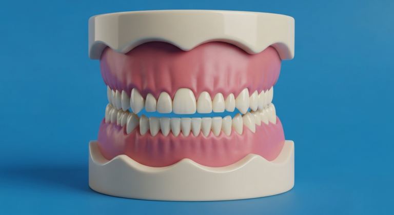 Zahnmodell mit Gebiss auf blauem Hintergrund