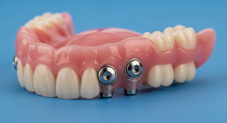 Zahnprothese mit Implantatbefestigung auf blauem Hintergrund