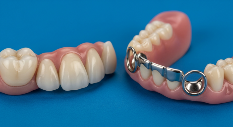 Zahnersatz und Teilprothese auf blauem Hintergrund