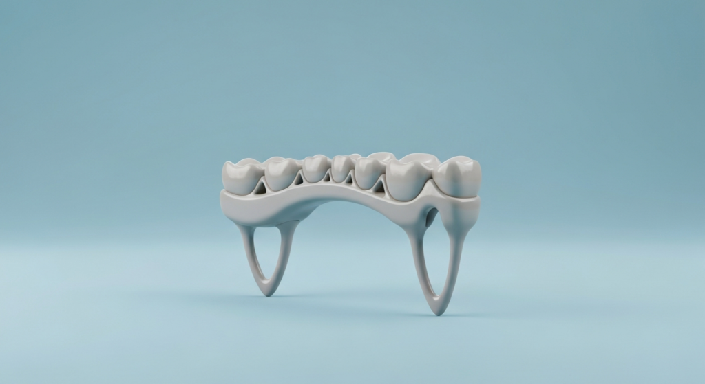 3D-gedruckte Zahnbrücke auf blauem Hintergrund