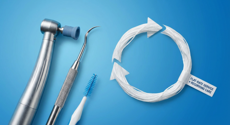 Zahnärztliche Werkzeuge und Recycling-Symbol auf blauem Hintergrund