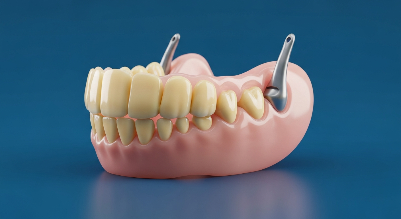 Zahnprothese mit Implantaten auf blauem Hintergrund