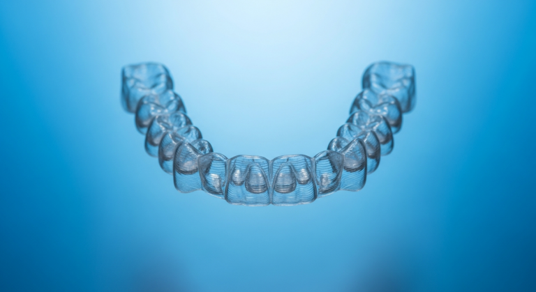 Transparente Zahnspange vor blauem Hintergrund